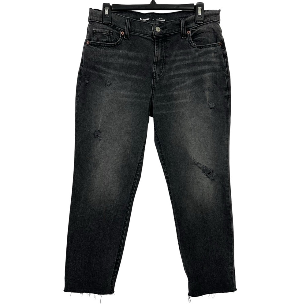 Old Navy Women’s Black Distressed Jeans Sz 6 Boyfriend Mid-Rise Frayed Hems